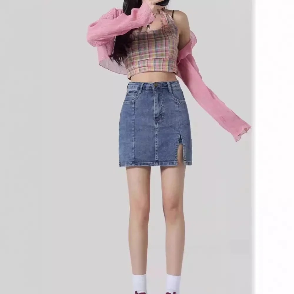 Spring and Summer Fashion Temperament High Waist A-Line Sexy Split Skirt Hip Hugging Denim Short Skirt