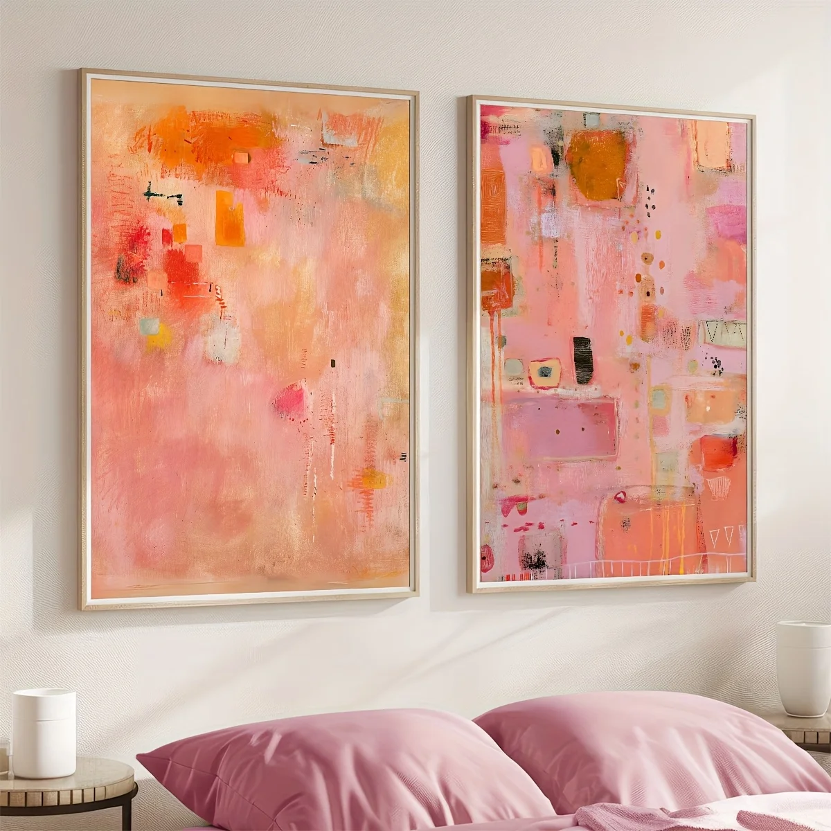 Abstract Minimalist Wall Art Decor Set of 2 Abstract Modern Wall Art Soft Pink Orange Tones Poster Living Room Decor No Frame