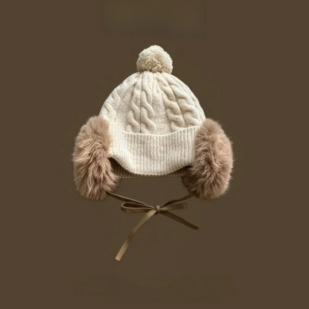 Faux Fur Ear Flaps Cable Knit Trapper Hat Thick Warm Lining Large Head Circumference Faux Fur Beanie Pull On Style