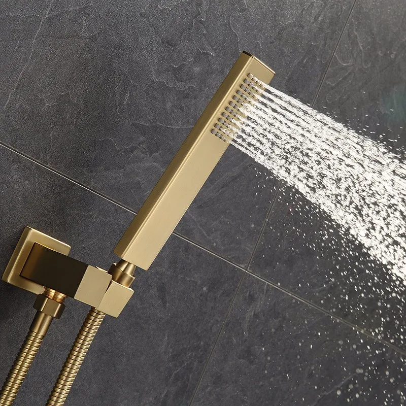 Brushed Gold Finish Wall Mounted Concealed Bathroom Rain Shower Mixer Tap Set
