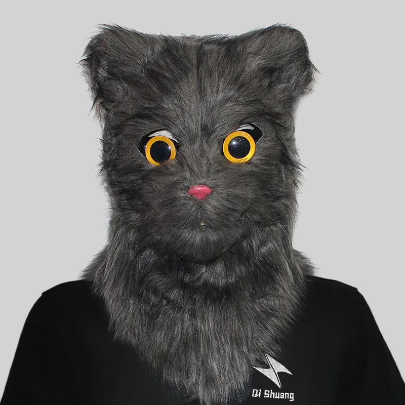 Movable Mouth Cat Head Mask Animal Latex Cute Helmet  Artificial Fur for Halloween Costumes Party Props Adult Size