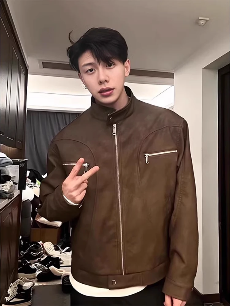 

Cleanfit American Brown ort Motorcycle Leather Jaet Men's Spring Autumn Workwear Sle Zipper Decorated Loose Fit Jaet