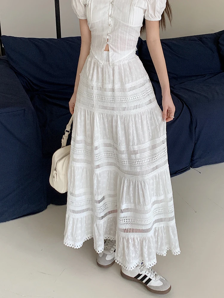 Heavy Industry Hollow Out Embroidered Cotton White Skirts Women Long Maxi Skirt 2024 New Fashion Vintage Patchwork A-Line Skirt