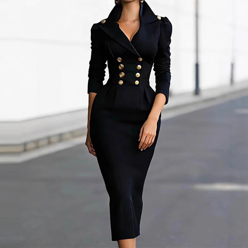 Elegant Lapel V-neck Commuting Long Dress Casual Long Sleeves Draped Wrap Hip Dress Women Fashion Button Slim Solid Party Dress