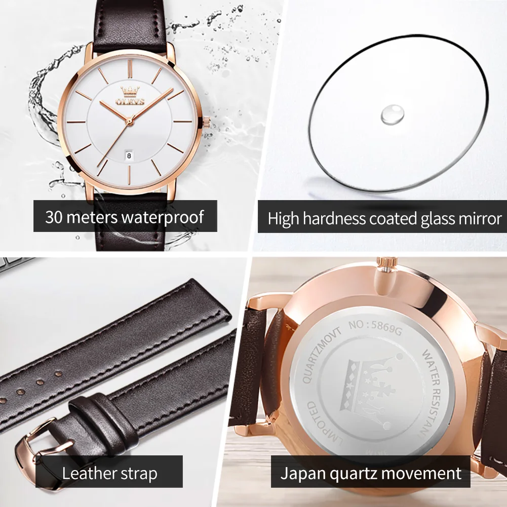 OLEVS 5869 reloj de cuarzo ultrafino de 6,5mm para hombre, correa de cuero de moda, reloj de pulsera Simple de lujo con fecha automática, reloj de pulsera resistente al agua para hombre
