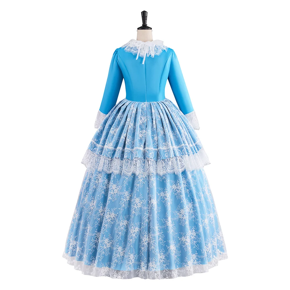 역사적인 중세 블루 빈티지 빅토리아 웨딩 드레스 로코코 마리 앙투아네트 로얄 코트 공주 볼 가운