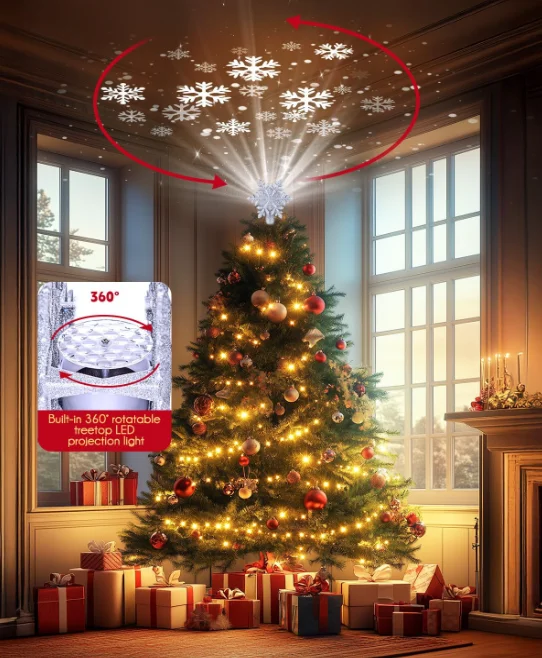 EU/US Plug Rotating Snowflake Projection Lamp Christmas Tree Top Decoration with LED Christmas New Year Holiday Tree Decoration