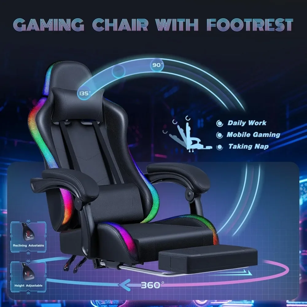 Gaming Chair with RGB LED Lights, Video Game Chair with Footrest and Massage Lumbar Support, High Back Reclining image 6