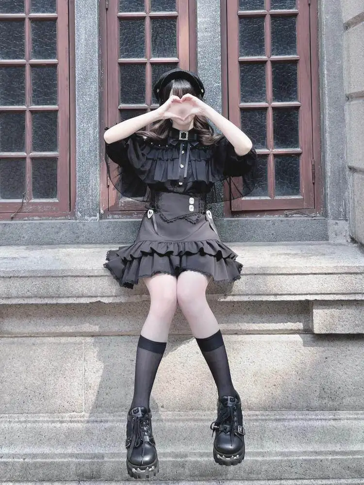 Mass-produced Japanese-style Lace Skirt with High Waist Double-layer Plaid Rhinestones Versatile and Waist-cinching Skirts