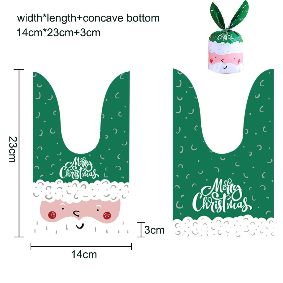 10/20pcs Rabbit Ear Christmas Candy Bags Plastic Carton Santa Claus Snowman Candy Bags For Xmas Cookies Gifts Packing Supply