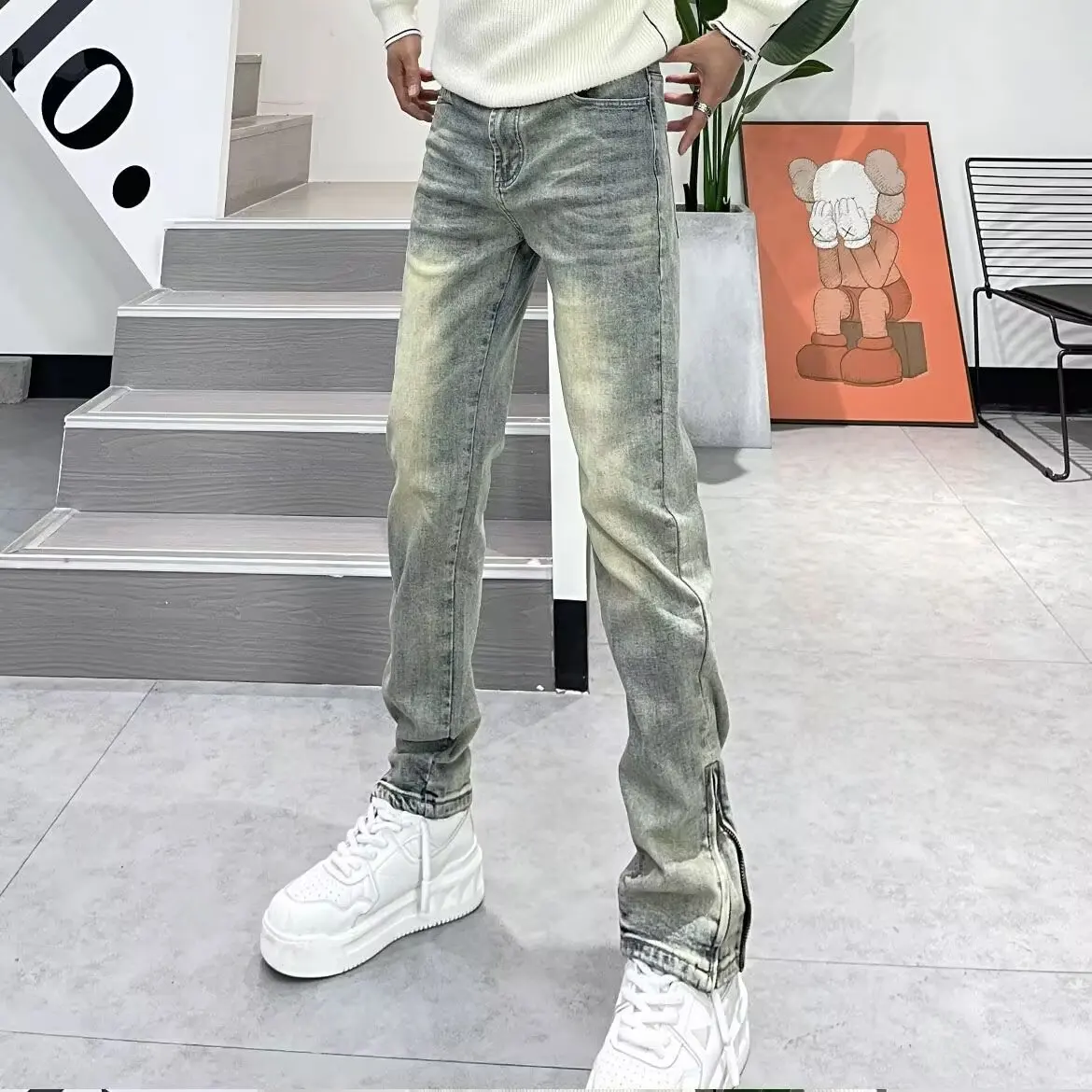 

Retro American Waed Zipper Jeans Men's Trendy High Street Slim Fit Elastic Ankle Pants Long Trousers Wear Resistant Non S...