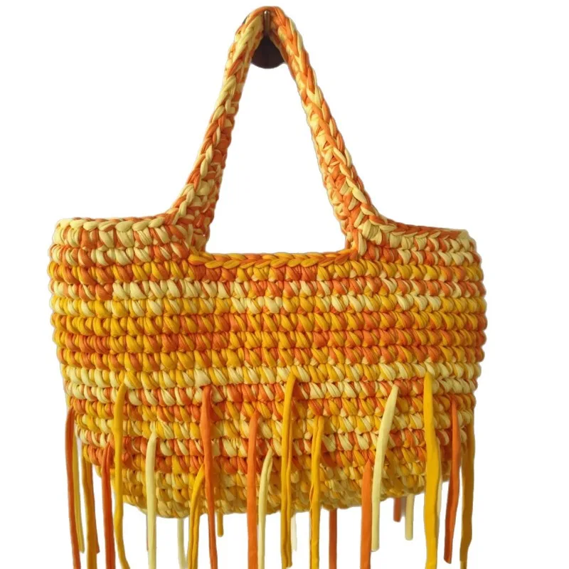 Fashionable Handmade Yellow Crochet Handbag Tassel Design Women Large Capacity Colorful Striped Woven Tote Bag Summer Daily Use