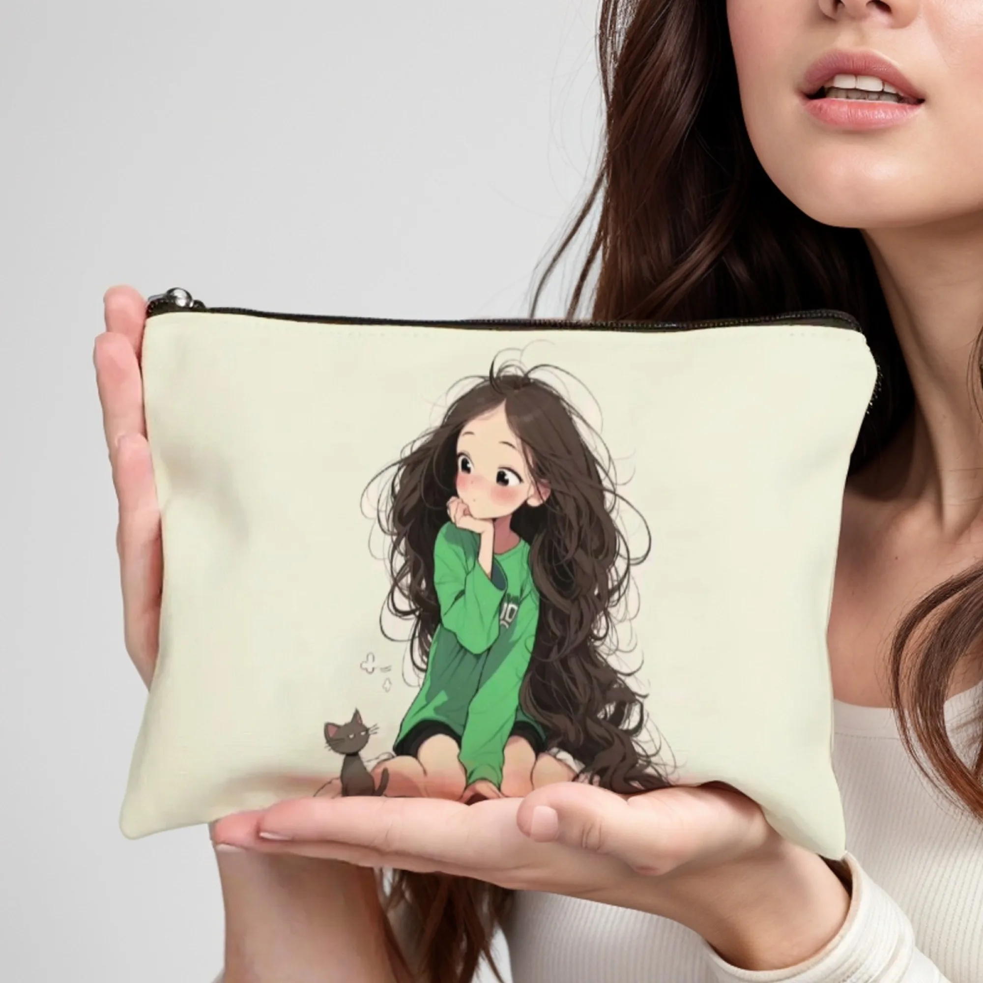 A Girl With Curly Hair And In Green Clothes Stylish Zippered Makeup Bag Portable Cosmetic Case With Mirror Durable Toiletry Bag