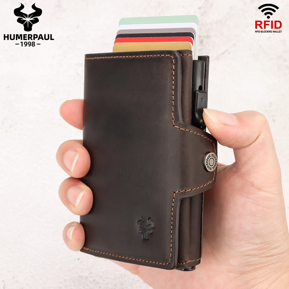 HUMERPAUL Men Card Holder with Money Pocket Crazy Horse Leather Pop Up Minimalist Wallet RFID Blocking Slim Metal Bank Card Case