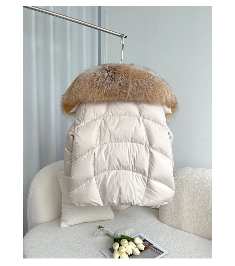 2026 Winter Real Fox Fur Collar White Duck Down Padded Down Jacket Regular Fashion Warm Big Fur Collar Women's Coat