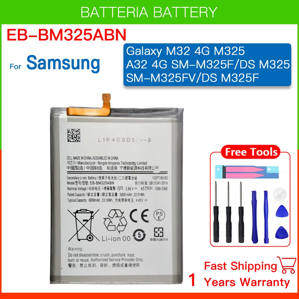 EB-BM325ABN 6000mAh Battery For Samsung Galaxy M32 4G/M325 A32 4G SM-M325F/DS SM-M325FV/DS M325F M325 Batteria+ Tools