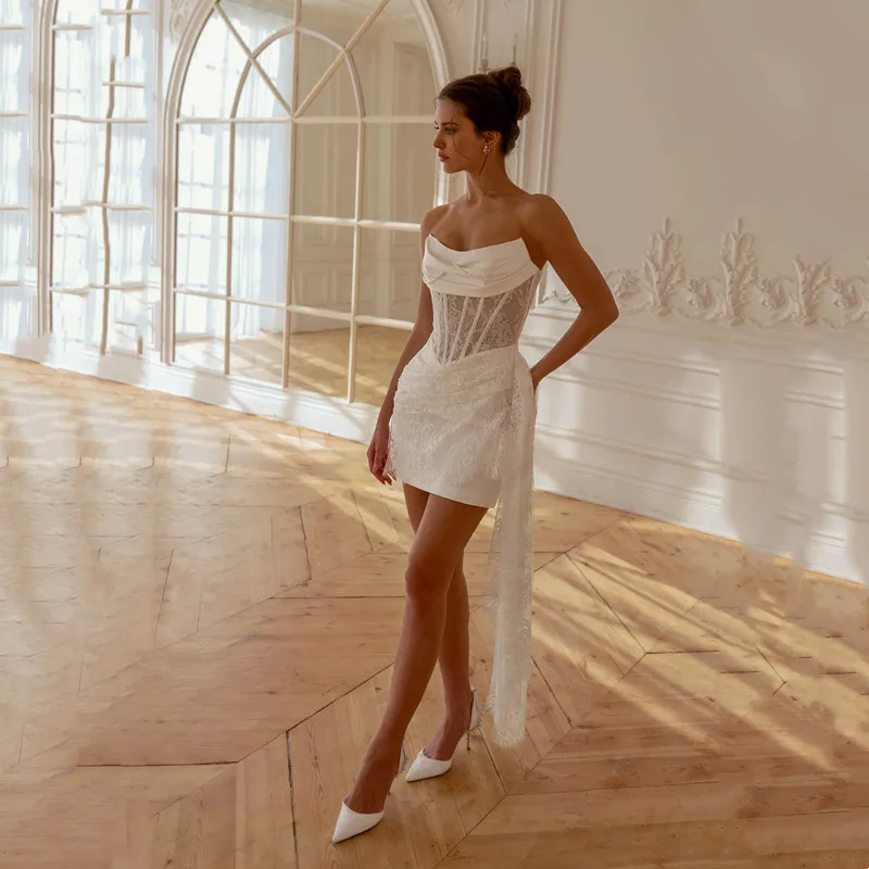 

Modern Lace Ivory Mermaid Mini Wedding Dress Simple Strapless Pleat Pearls Sleeveless 2026 Sexy Backless with Zipper Short Gowns