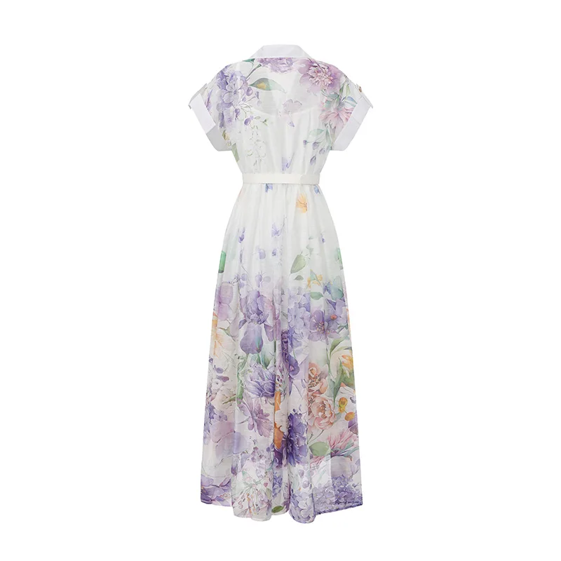 ALPHALMODA 2026 Spring, Summer New,Lapel Collar, Short-sleeved, Oil Painting Flower , Women Elegant, Maxi Dress