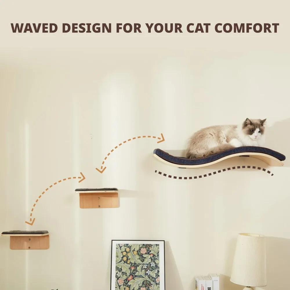 Cat Wall Shelf with Two Steps - Wave Cat Shelves and Perches Cat Furniture for Sleeping, Playing, Climbing, and Lounging