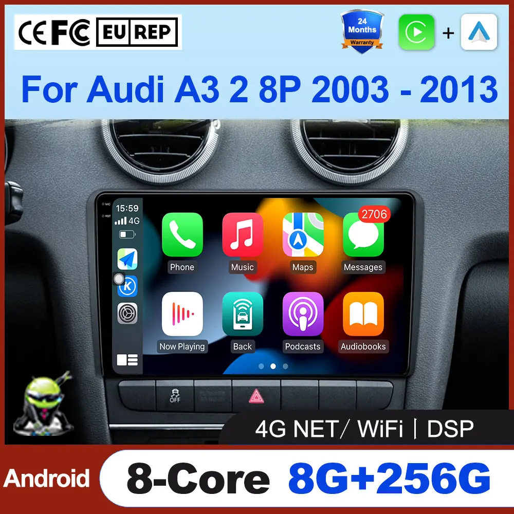 Wireless CarPlay Android 16 Auto Radio For Audi A3 2 8P 2003 - 2013 Video GPS Navigation Stereo IPS QLED Touch Screen Tools Fan
