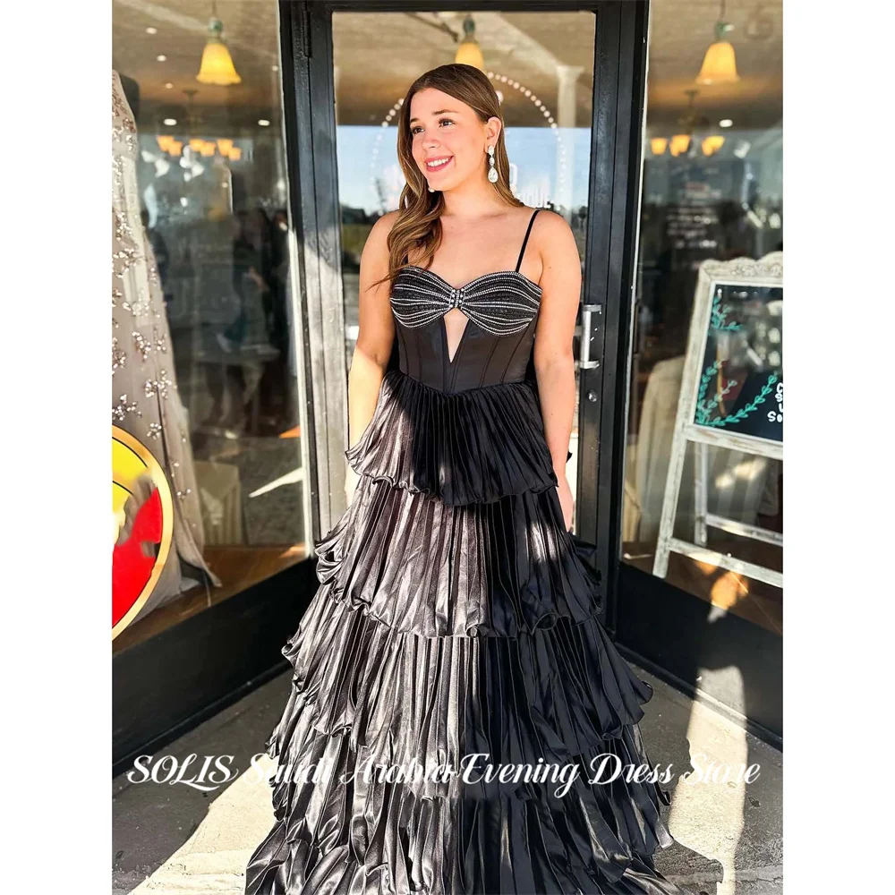 SOLIS Black Prom Dresses Spaghetti Strap Evening Dress A Line Cut Out Party Dresses Multilayered vestidos de fiesta Customized