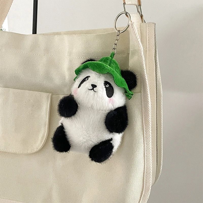 Kreskówka liść lotosu Panda pluszowa zabawka urocza panda wypchana lalka brelok wisiorek pluszowa panda lalka plecak Charms prezent dla dzieci