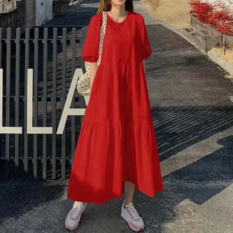 Abito floreale a trapezio OL solido Moda coreana Abito vintage femminile Manica corta O Collo Abiti casual larghi Abito da donna