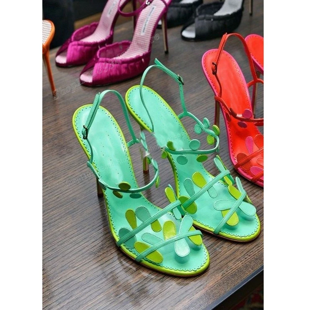 

Green Color Leaves Decor Hollow Sandals Back Strap Stiletto High Heel New Design Women Shoes 2024 Summer Zapatos Para Mujere