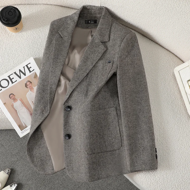 High-Quality Suit Jacket Women New Autumn Winter Single Breasted Pocket Woollen Blazer Coat Female Chic Tops Ladies Outerwear