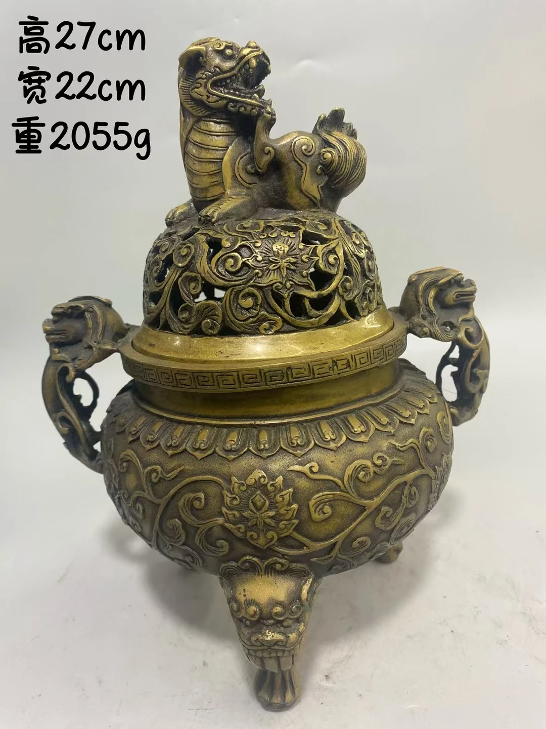 Quemador de incienso de budismo de latón Vintage, bestia de la suerte, Foo, perro, dragón antiguo, fondo firmado