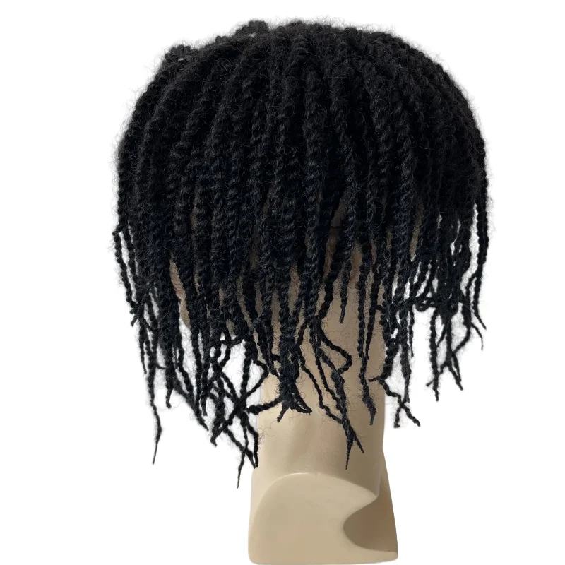 Indian Maagdelijk Menselijk Haar Vervanging #1 Gitzwarte Kleur Afro Twist Vlechten Toupetje Full Lace Unit Voor Zwarte Mannen