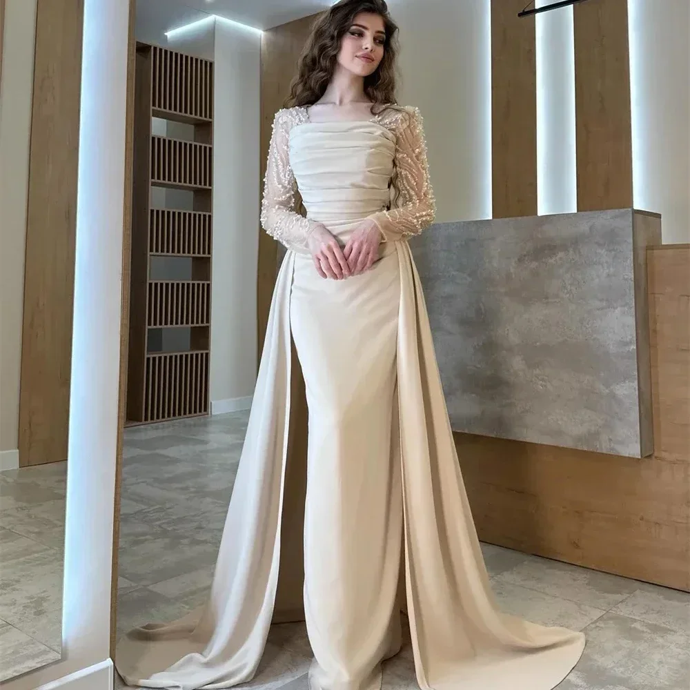 Customized Prom Dresses Women Gown Formal Square Collar Column Floor Length Skirts Shirred Draped Beading Pearl Bespoke