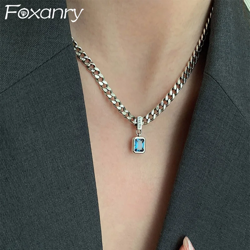 Foxanry-collar de cadena gruesa de circón azul para mujeres y parejas, minimalista, clásico, Hip Hop, personalidad, regalos de joyería de cumpleaños