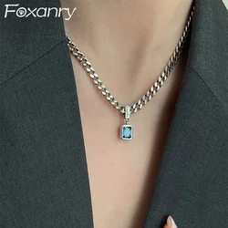 Foxanry Blue Zircon Thick Chain Necklace For Women Couples Minimalist Trendy Classic Hip Hop Personality Birthday Jewelry Gifts