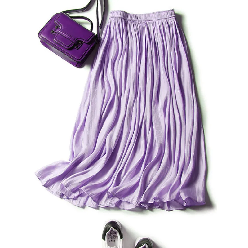 Falda larga para mujer, elegante vestido plisado sedoso, corte en A, informal, para oficina, columpio, ropa de fiesta de verano