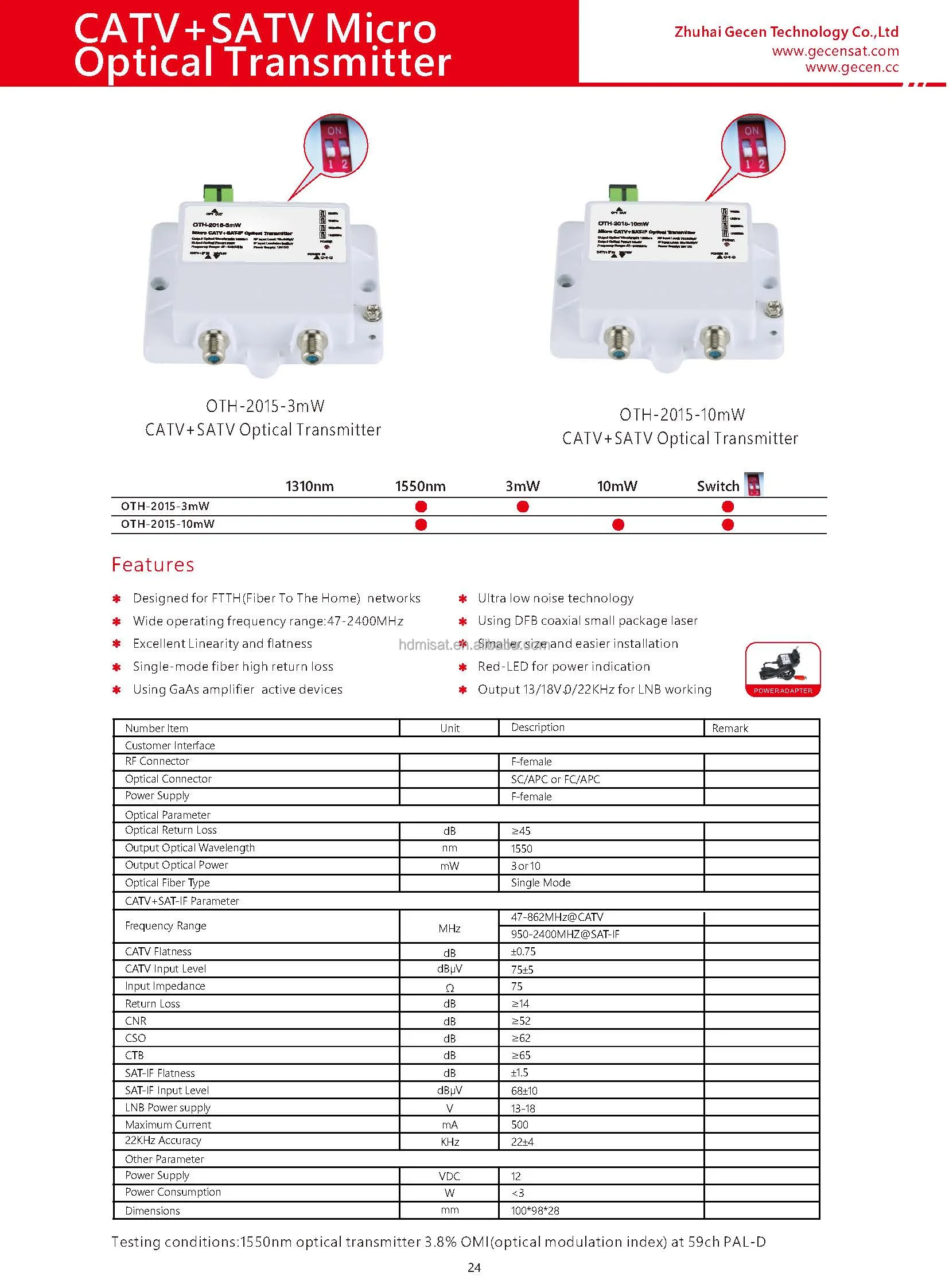 OTH-2015 3MW Optical Transmitter 1550nm FTTH Fiber Optic Equipment With SC FC RJ45 Connectors For CATV And Network Use