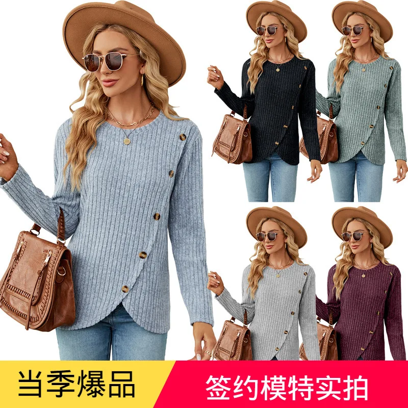 Long Sleeved Button Up T-shirt for Women Autumn and Winter 2023 New O Neck Pit Pattern Fleece Solid Color Tulip Bottom T-shirt