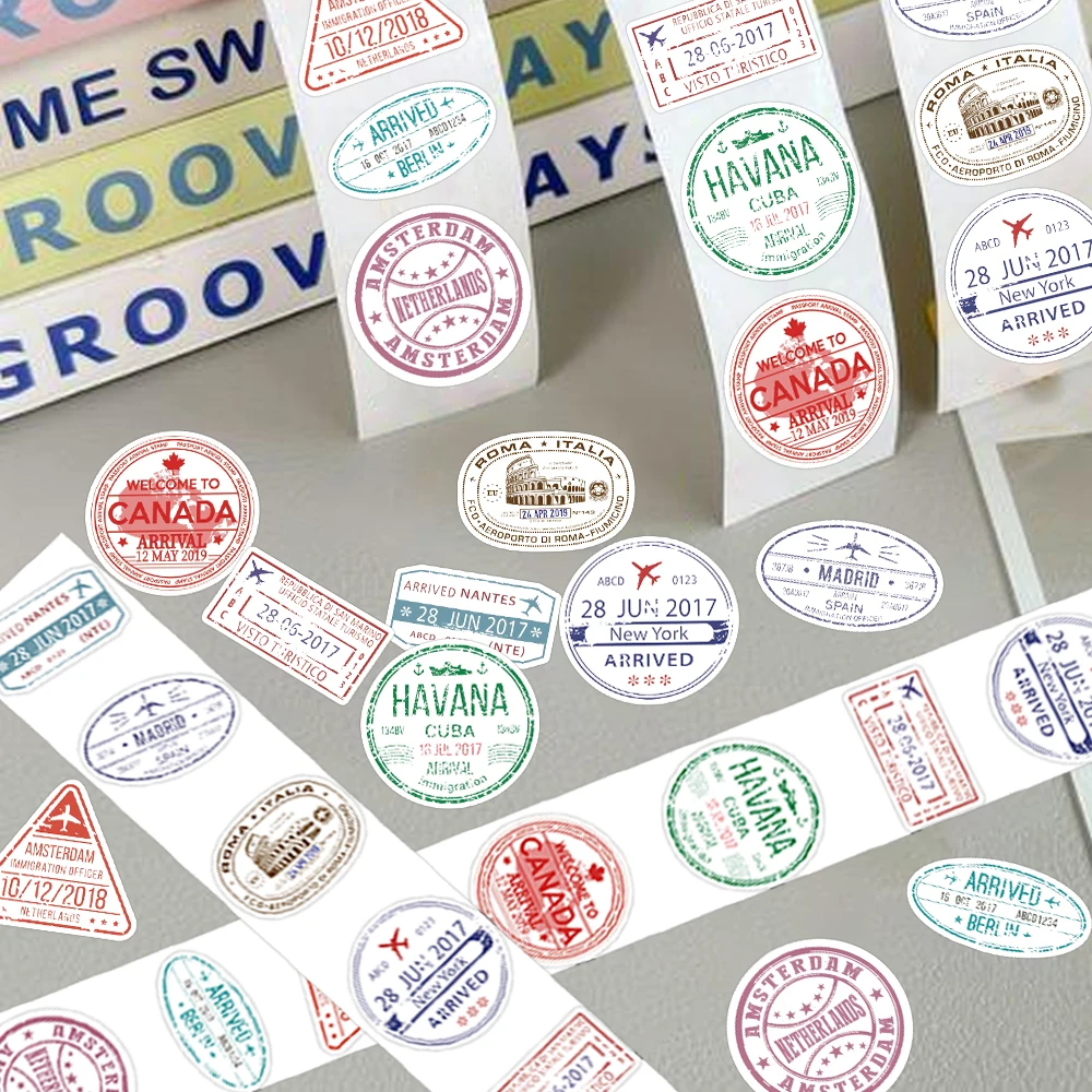 500 Adesivos/Rolo Clássicos Retrô Coloridos de Carimbos de Passaporte e Selos Postais, 10 Padrões Diferentes para Decoração de Scrapbook e Celular