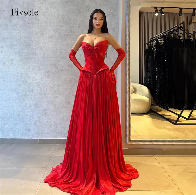 

Fivsole Modern Red Lace Bow Strapless A Line Prom Gowns Chiffon Pleated Party Gown Floor Length Evening Dress Customized