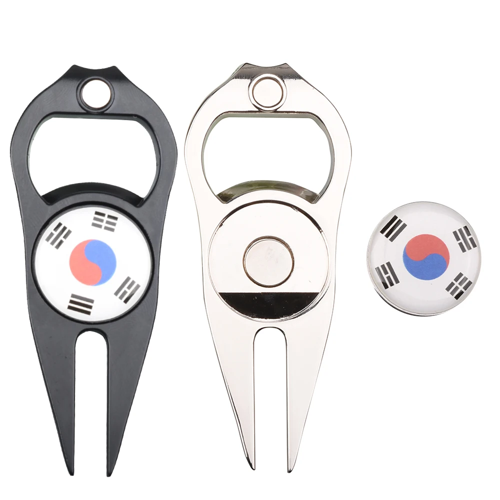 Korean National Flag Golf Green Repair Fork + Marking Bottle Opener Three-in-One Tool, Durable Golf Green Repairer Accessory