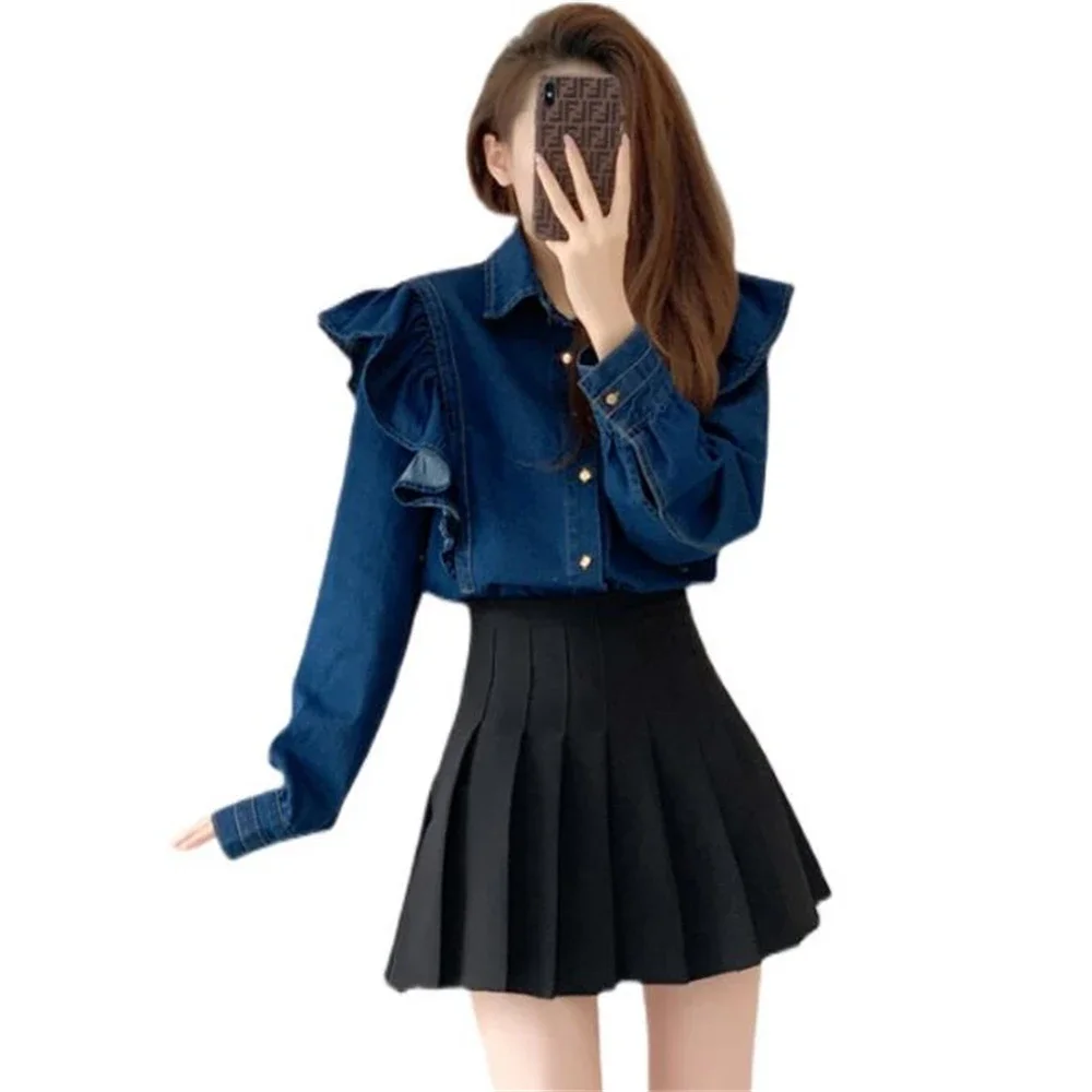 

Осень-весна 2024, женские элегантные милые женские топы с длинными рукавами и пуговицами, свободная рубашка, джинсовые рубашки, женская модная блузка с оборками