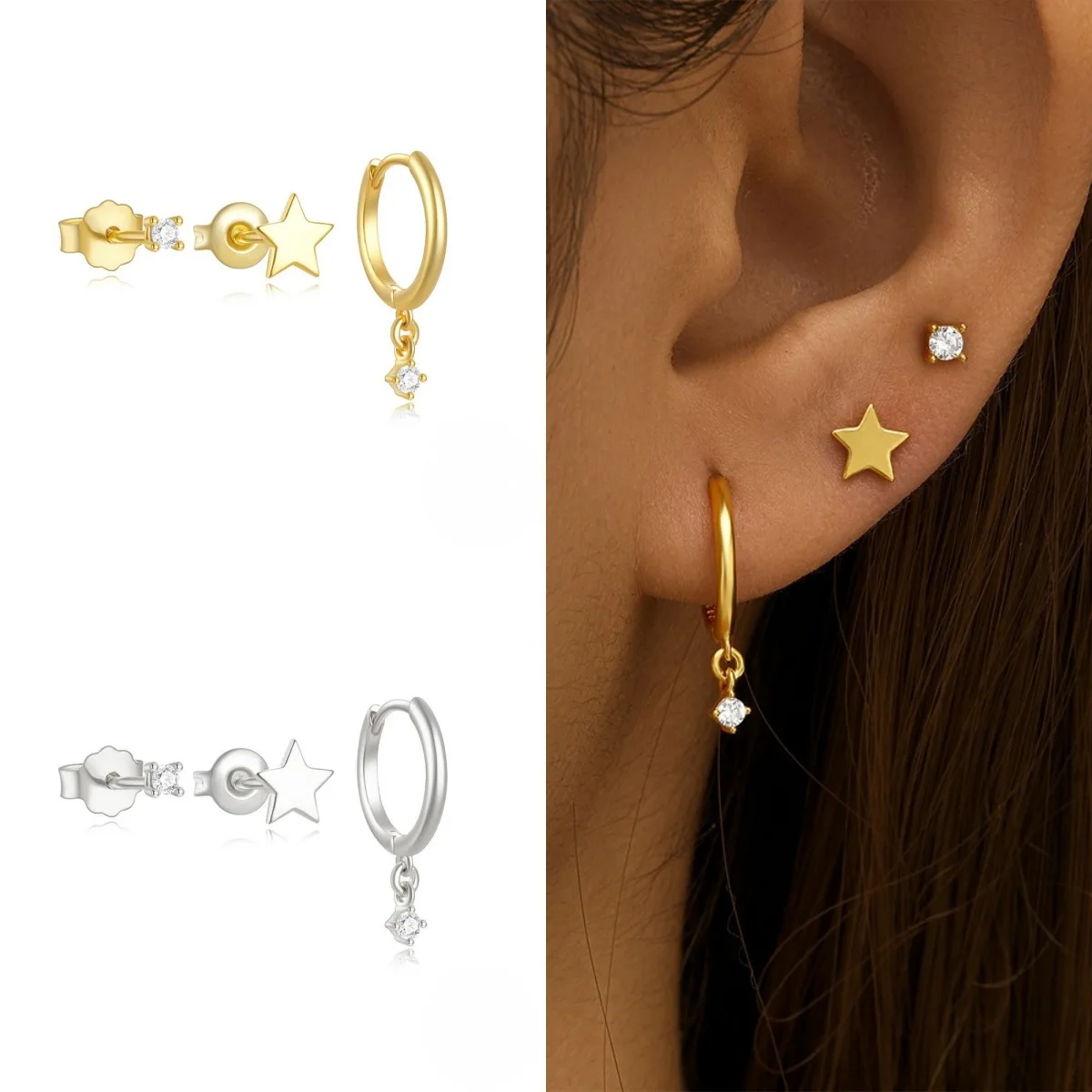 3PCS Classic Star CZ Stud Earrings Set for Women Minimalist Sparkling Cubic Zirconia Charms Hoop Earring Tiny Ear Huggie Jewelry