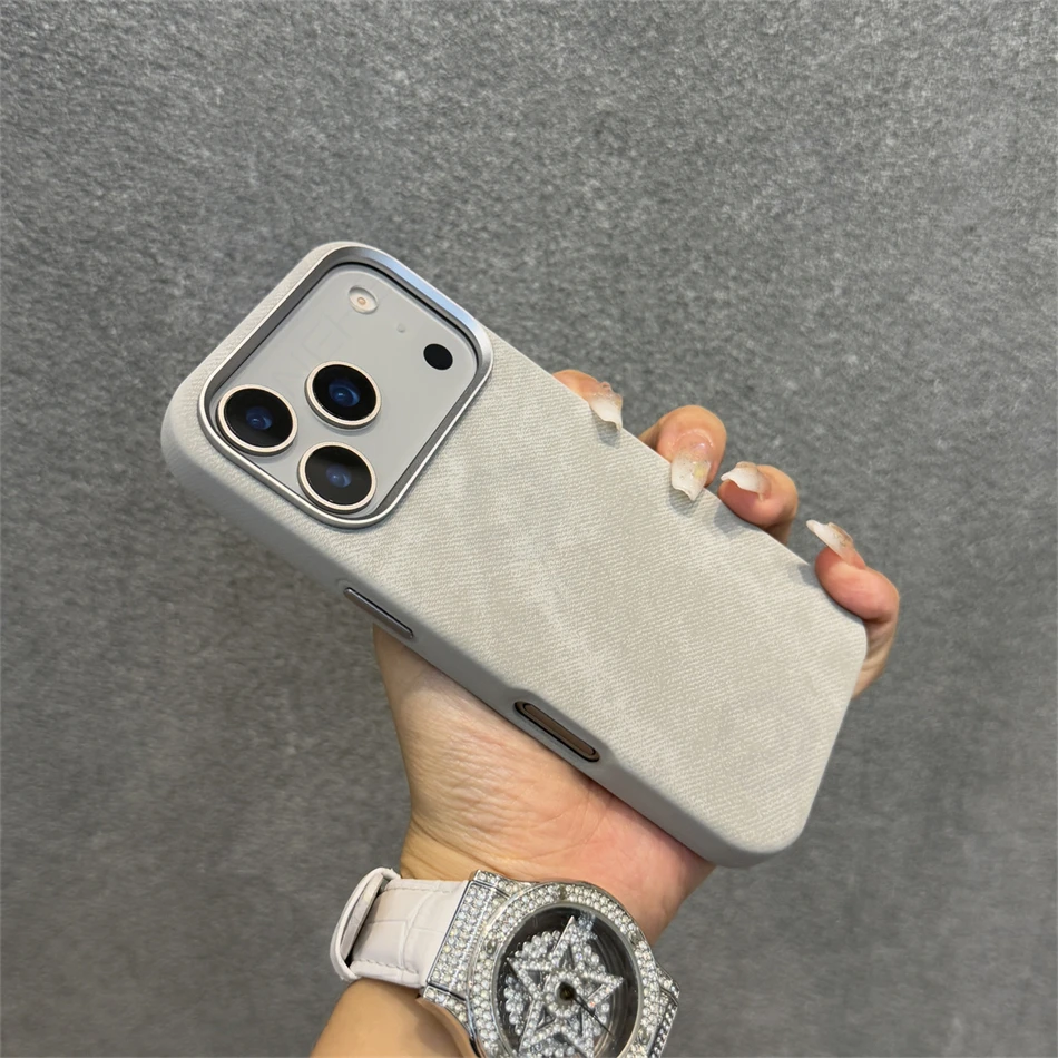 Funda magnética de cuero y fibra con marco de lente de aleación de lujo para iPhone 17 16 Pro Max 15 14 13 12 para Magsafe Retro Funda a prueba de golpes