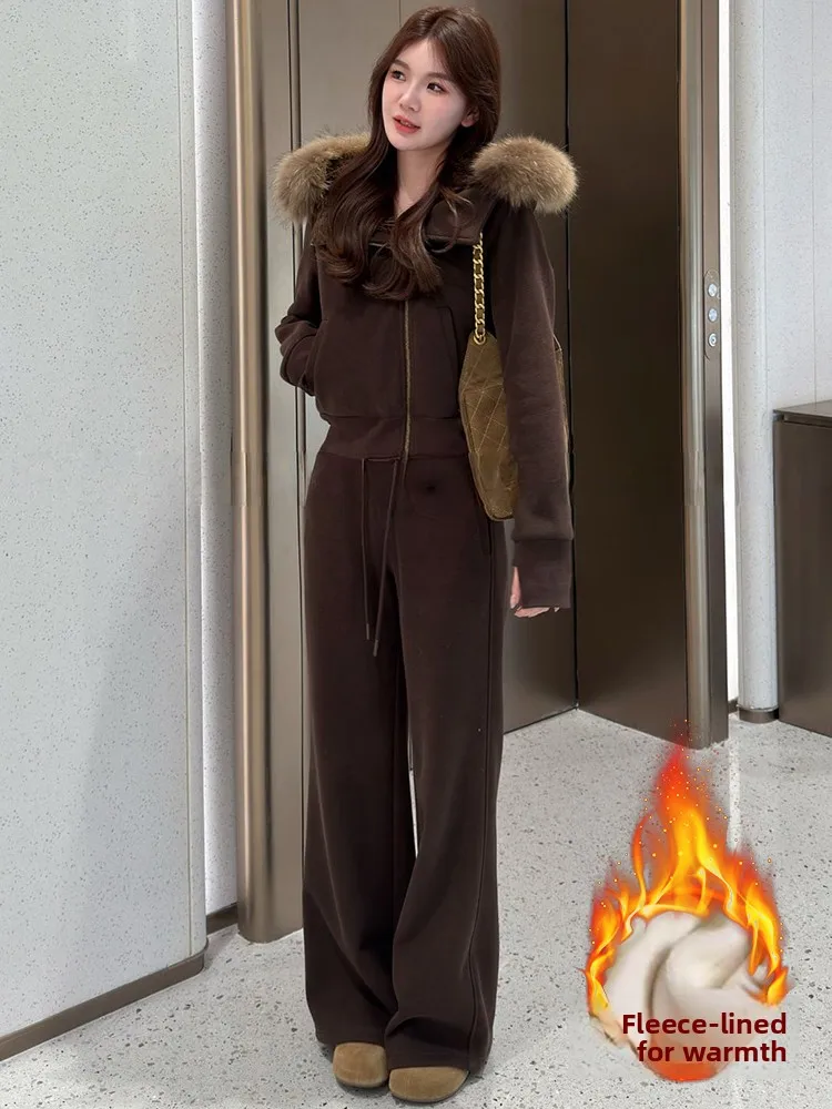 

Зимний женский костюм (пальто и брюки) с меховым воротником, свободного кроя, стройнящий, с расклешенными штанинами, повседневный, утепленный