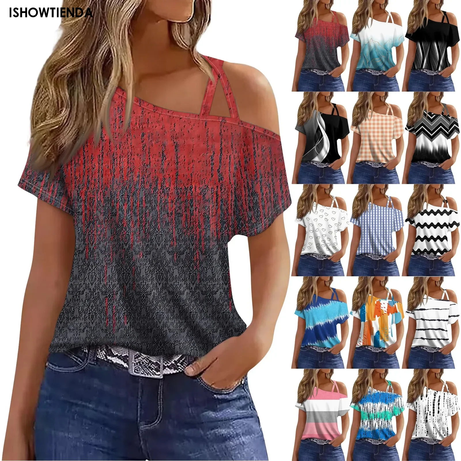 Sexy Women Top Shirt Summer Cold Shoulder Blouse Short Sleeve Top Clothing Print Sexy Cold Shoulder Short Sleeve T-shirt Top