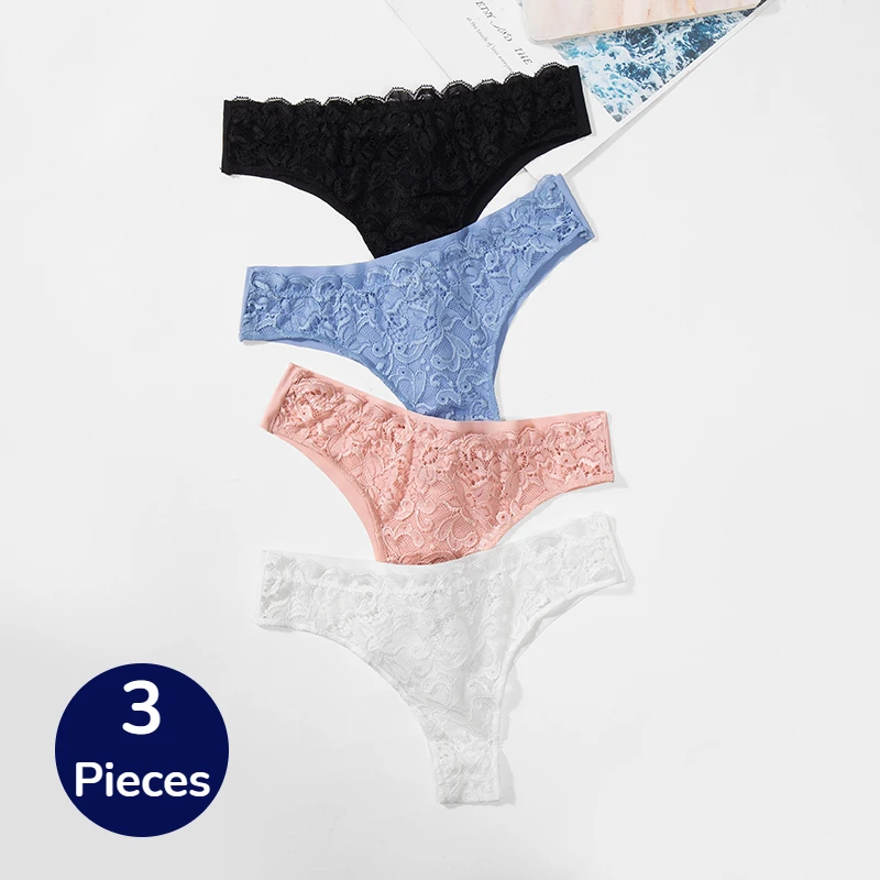 BZEL 3PCS Women\'s Panties Set Lace Thongs Sexy Lingerie Hollow Out Female Underwear Charming Mesh G-Strings Soft Cozy Underpants