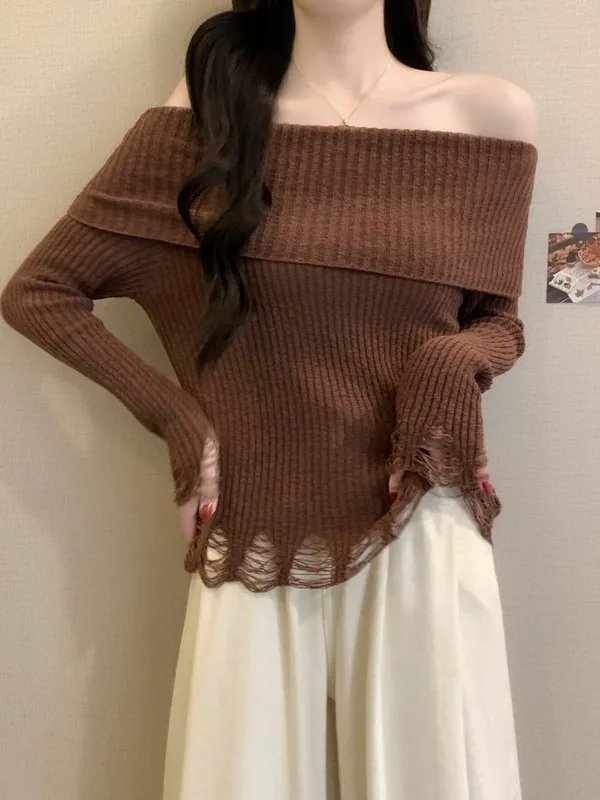 

Карамельный длинный свековый вязаный свитер, женский облегающий свитер, осенне-зимний модный корейский повседневный трикотаж с отверстиями и очками