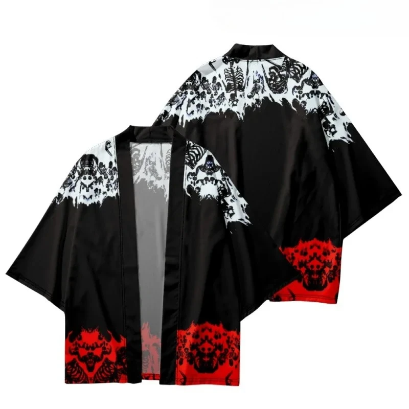 اليابانية التقليدية الأسود طباعة كيمونو وبانت مجموعة الرجال النساء يوكاتا سترة تأثيري هاوري الساموراي الملابس