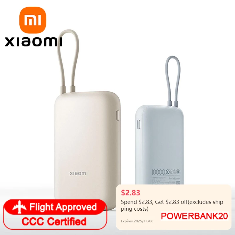 

Xiaomi 10000mAh Pocket Power Bank 22.5W, Built-in Type-C Cable, Triple Output, Portable Battery Fast Charging for iPhone 15 16