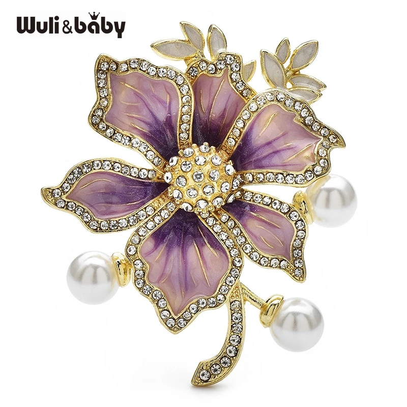 

Wuli&baby Big Enamel Lilac Brooches Rhinestone leaf Pearl Petal Flower Pins Women Jewelry Gift